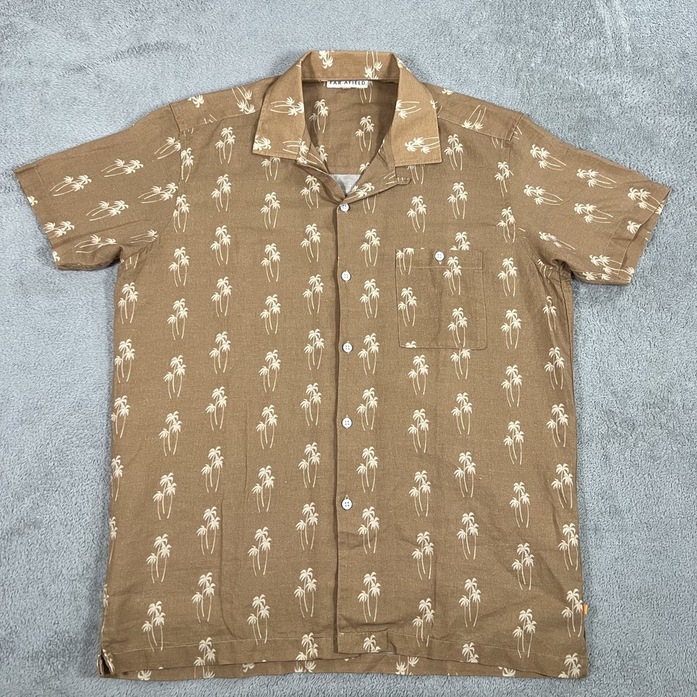 Far Afield Shirt Mens 2 Medium Camp Collar Linen Palm Trees Print Linen Cotton